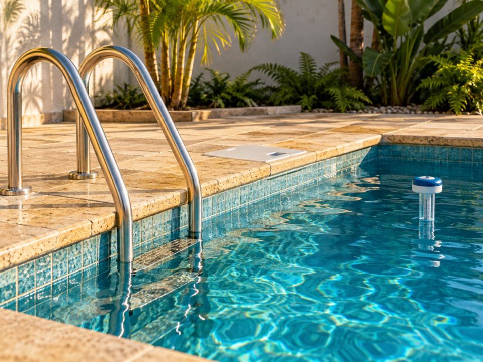 Escada de inox entrando na água de uma piscina, com termômetro boiando perto da borda.