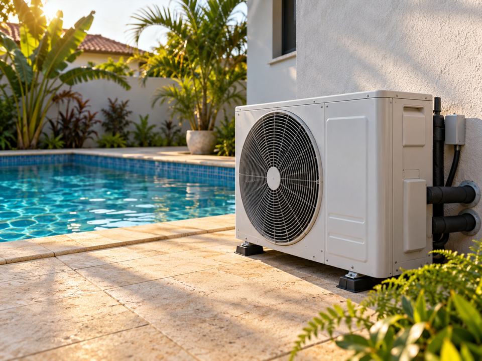 Aparelho de bomba de calor branco instalado junto à parede, com a piscina ao fundo.