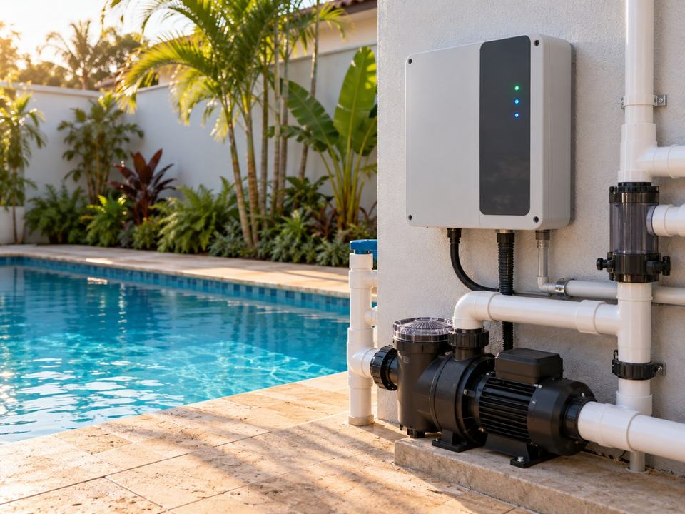 Caixa de clorador e automação presa na parede, ligada aos canos e à bomba da piscina.
