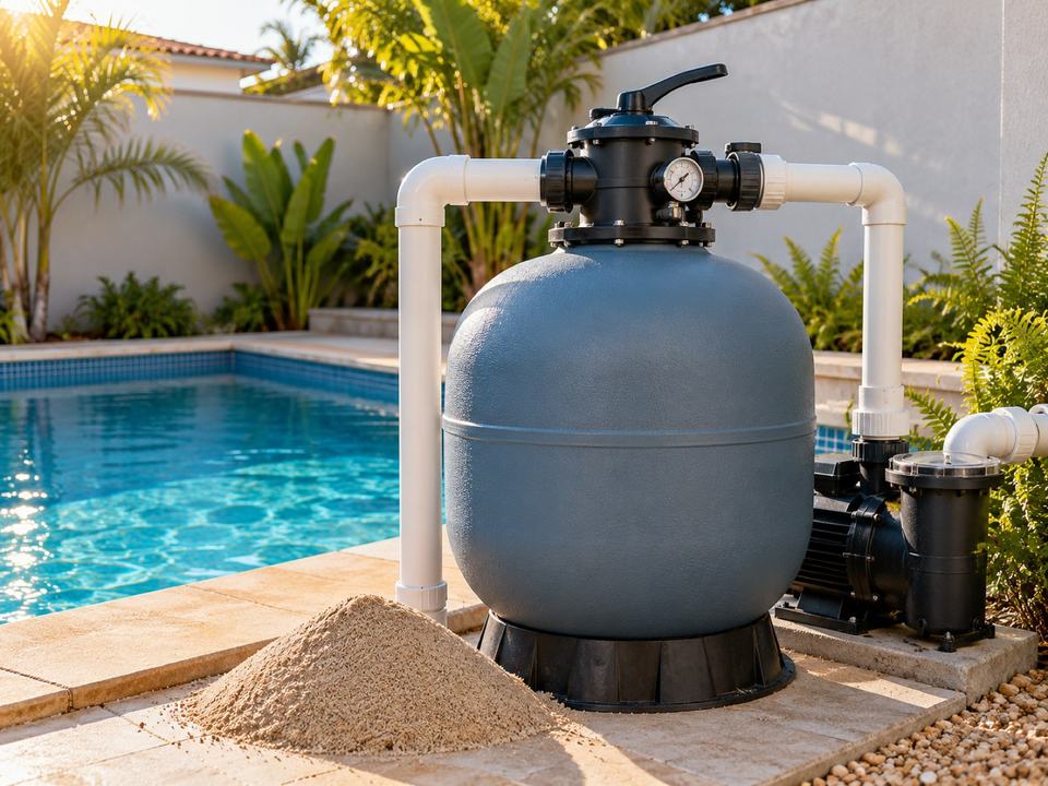 Filtro de areia de piscina com válvula e manômetro, ao lado de um monte de areia.