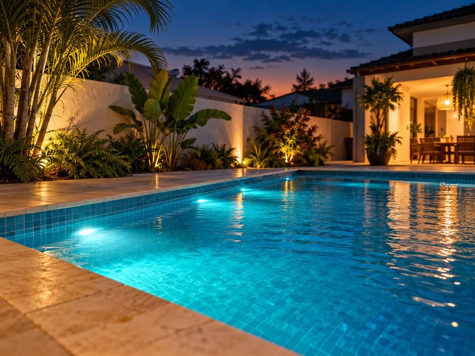 Piscina ao entardecer com luzes subaquáticas acesas em azul-turquesa.