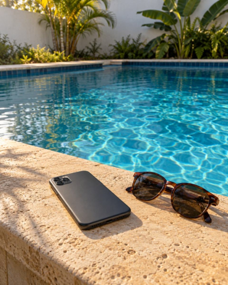 Celular virado para baixo na borda de pedra de uma piscina, ao lado de óculos de sol.