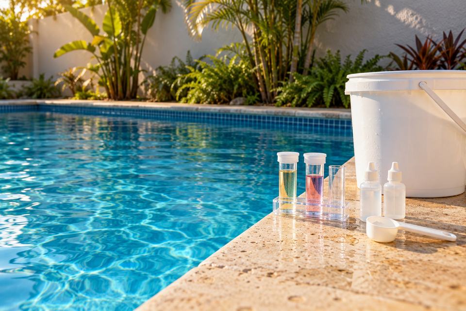 Kit de teste de água com frascos, conta-gotas e um balde branco na borda de uma piscina.