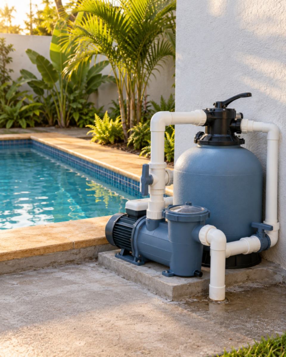 Bomba e filtro de piscina novos, com canos brancos, numa base de concreto.