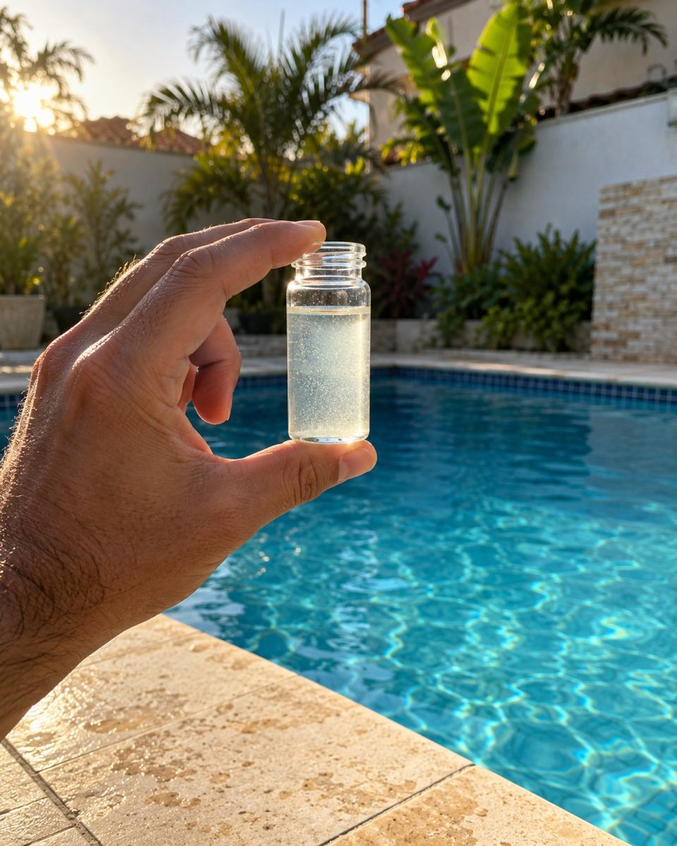 Mão segurando um frasco com uma amostra de água da piscina contra a luz.