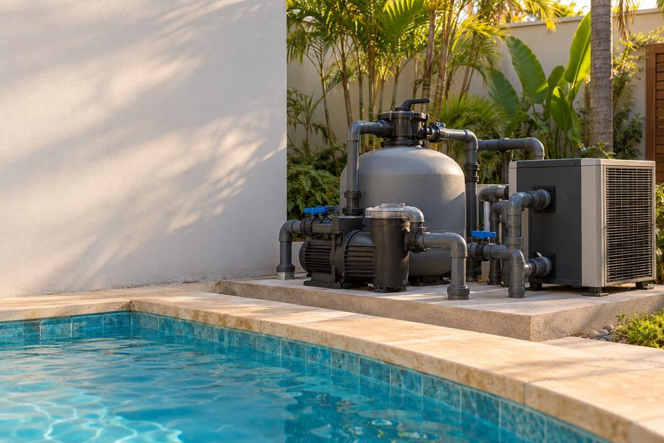 Casa de máquinas de piscina organizada, com bomba, filtro, aquecedor e canos brancos.